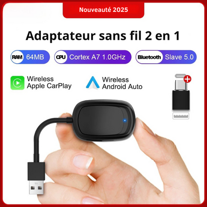 Adaptateur Sans Fil 2-en-1 CarPlay & Android Auto